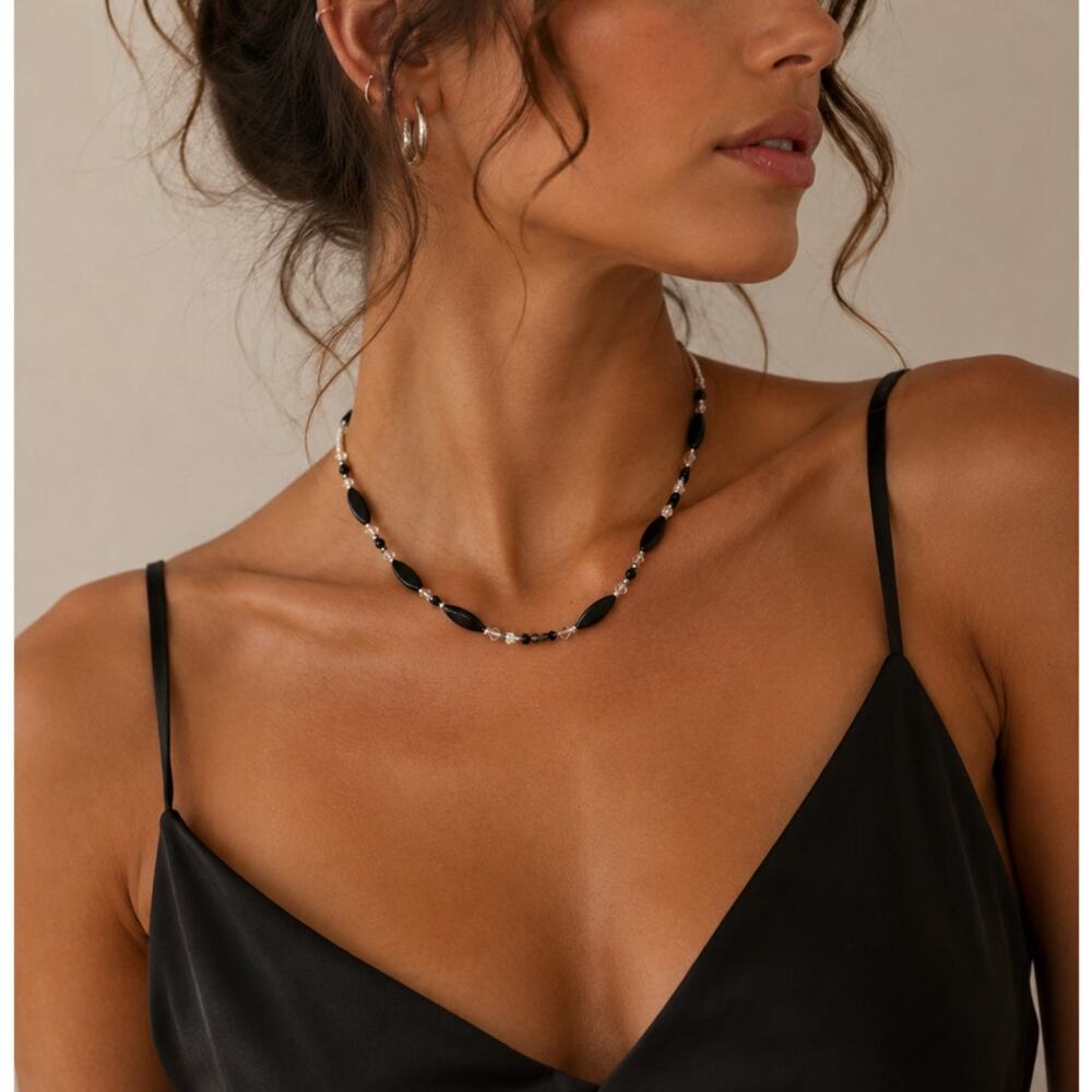Black Enamel Silver Tone Beaded Necklace Womens Jewelry Classic